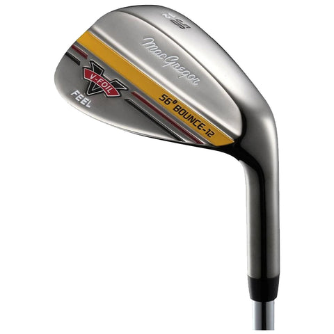 A golf wedge is positioned upright showcasing its shiny silver surface and distinctive markings including the brand name and specifications for bounce and loft in a clean background.