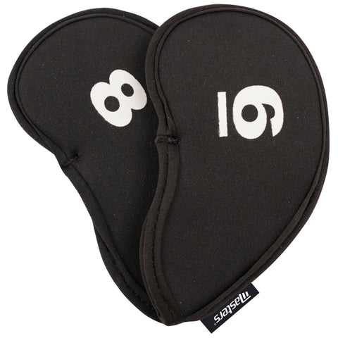 Two black neoprene padding pieces are shown lying side by side. Each has a number printed in white on its surface. The left one shows the number 8 and the right one shows the number 16.