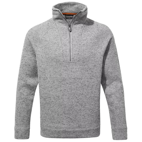 A gray fleece pullover is displayed with a quarter zip at the collar featuring a textured pattern and ribbed cuffs suitable for casual or outdoor wear.