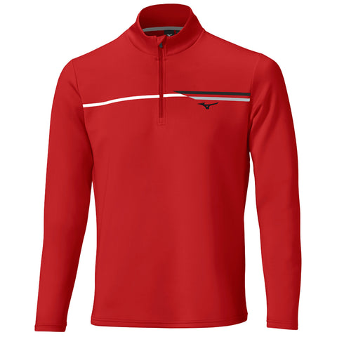 A red long-sleeve pullover shirt features a quarter zipper and a sporty design with white and black stripes across the chest highlighting the brand logo on the left side.