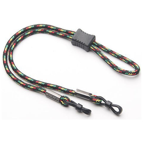 A colorful braided lanyard is arranged flat showing two loops on either end connected by a central plastic piece designed for securing items in place in a neutral background.