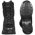 Black tactical boots are prominently displayed mid-action showing laces tightly secured with textured soles visible underneath the boots set against a plain background highlighting their rugged design and functionality