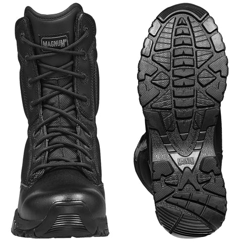 Black tactical boots are prominently displayed mid-action showing laces tightly secured with textured soles visible underneath the boots set against a plain background highlighting their rugged design and functionality