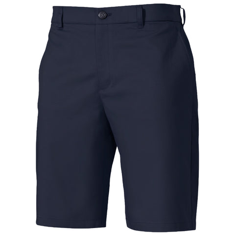 A pair of dark navy shorts is displayed upright showcasing a flat front design with a single button closure emphasizing a casual style suitable for warm weather activities.