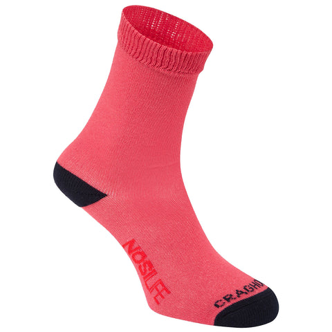 A bright coral sock is positioned upright with a ribbed cuff and contrasting black heel and toe sections showcasing the text "NO SLIFE" and "CRAGHOPPERS" on its sides.