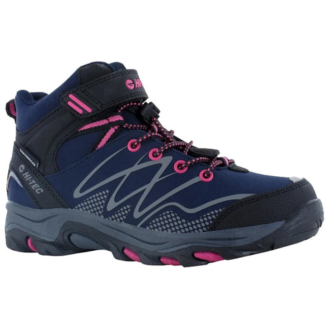 A navy blue hiking boot with pink accents features a high ankle design and a textured sole, positioned on a flat surface, showcasing its outdoor utility and stylish appearance.