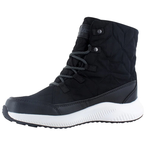 A black ankle boot features a quilted upper and gray laces with a white sole. It stands upright, suggesting readiness for outdoor activities in a casual, stylish context.