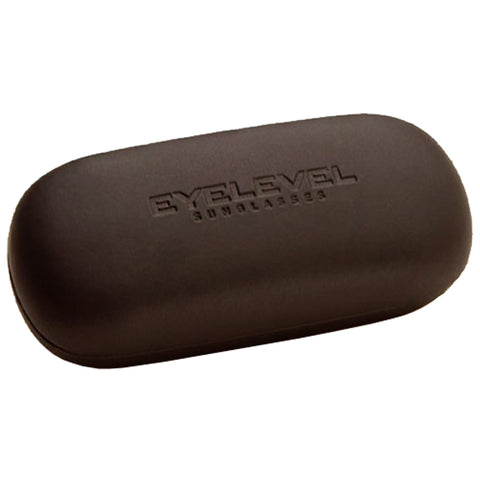 A black sunglasses case rests on a flat surface with the text EYEBLEVEL SUNGLASSES embossed on its top, indicating it is designed to hold and protect sunglasses.