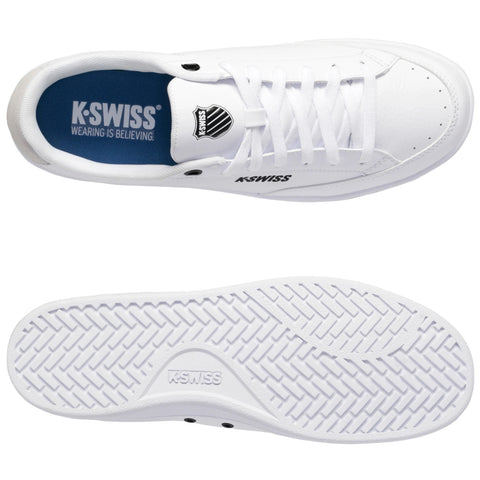 A pair of white K-Swiss sneakers is displayed with the top view showing the laces and branding while the bottom view features the textured outsole designed for grip and durability.