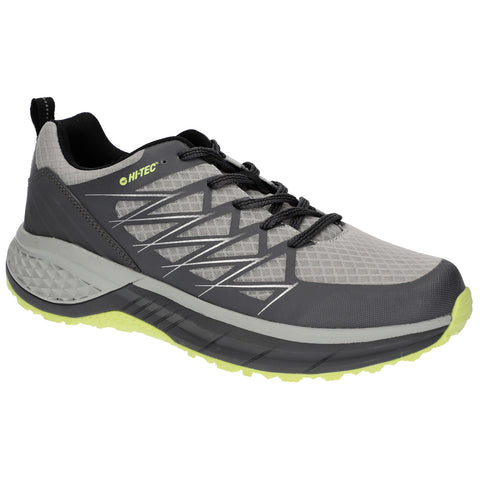 A grey athletic shoe designed for outdoor activities features a textured upper mesh and a cushioned sole with a gripping tread visible on the bottom stability is enhanced by a pronounced heel.