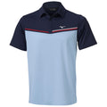 A golf polo shirt is displayed featuring a light blue body dark blue sleeves and a horizontal red stripe across the chest with a logo on the upper left side.