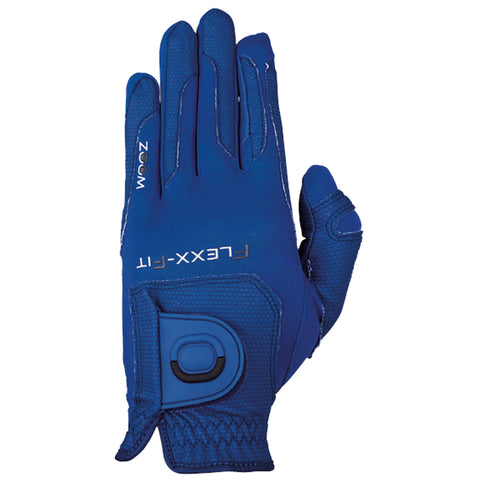 A blue glove with a textured surface is displayed with fingers extended. It features an adjustable strap with a button and is designed for protection and grip in various activities.