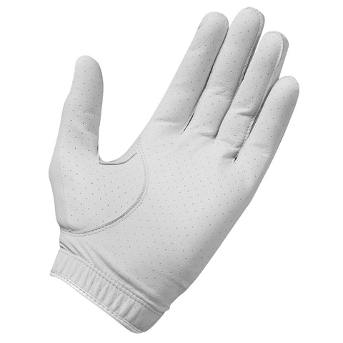 A white golf glove is displayed with the palm side up showcasing its smooth surface and perforated design for grip in a neutral background setting without distractions.