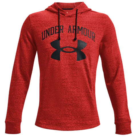 A red long-sleeve hoodie features a large black Under Armour logo prominently displayed on the front with drawstrings attached to the hood and a casual fit suitable for sports or leisure activities.