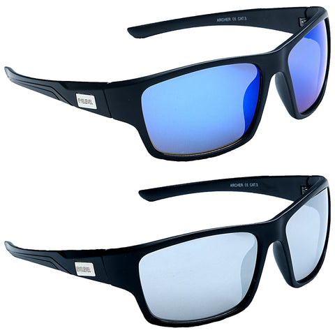 Two pairs of black sunglasses are displayed side by side. The top pair features blue gradient lenses while the bottom pair has gray lenses. Both have a sleek design.