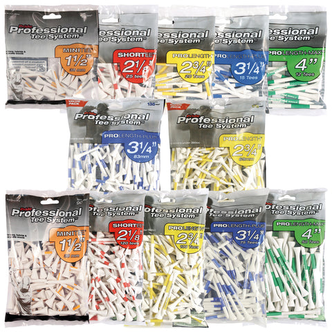 Multiple packages of golf tees are displayed. Each package contains different lengths of tees ranging from 1.5 inches to 4 inches, with varying quantities and colors, set against a neutral backdrop.