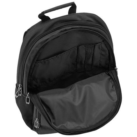 A black backpack sits open showing its interior with compartments for organizing items against a plain background suggesting preparation for carrying books or supplies.