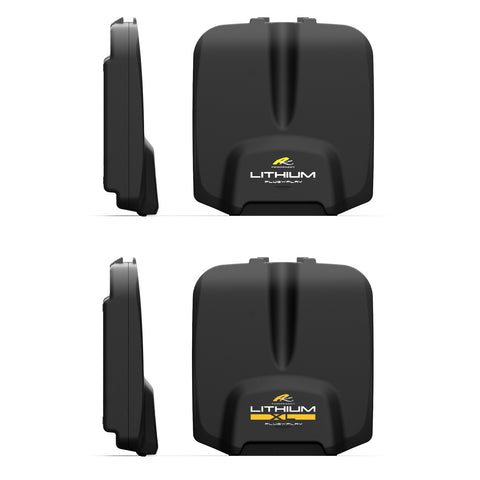 Black lithium battery packs are displayed side by side showcasing their flat profiles and branding with the words LITHIUM and PLUGANDPLAY in bold lettering on each pack.