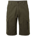 Cargo shorts are displayed featuring a khaki green color with multiple side pockets and a button closure at the waist suitable for casual and outdoor wear.