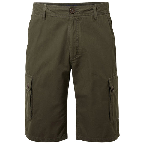 Cargo shorts are displayed featuring a khaki green color with multiple side pockets and a button closure at the waist suitable for casual and outdoor wear.