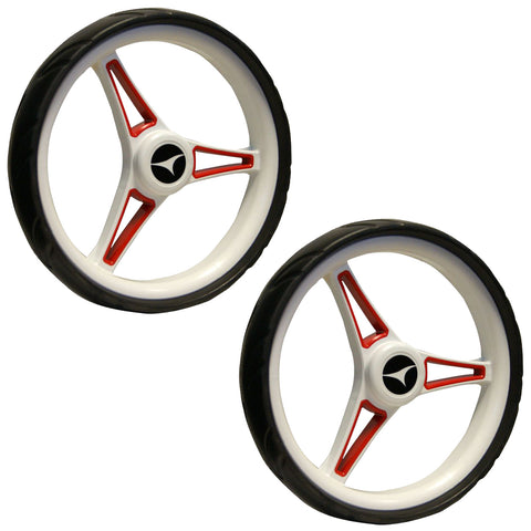 Two stylish golf trolley wheels are displayed side by side featuring a white rim with red accents and a black tire showcasing a central logo the wheels appear designed for a golf trolley