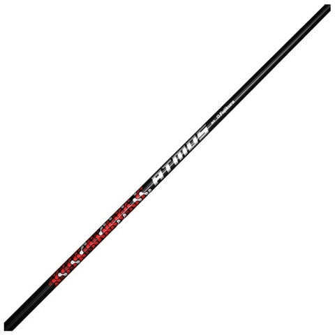 A black golf club shaft with red and white detailing stands vertically against a plain background showcasing its sleek design and branding elements without any visible accessories or items around it.