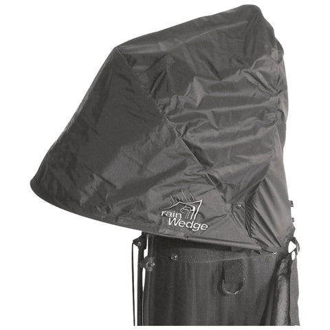 A black rain cover for a golf bag is positioned upright featuring a pointed top and an attached logo. It is designed to protect against rain while enhancing outdoor comfort.