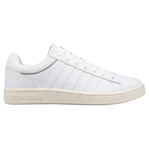 A white athletic shoe sits upright showcasing its smooth leather surface and perforated detailing while the brand name KSWISS is embossed on the side highlighting its clean and minimalist design.