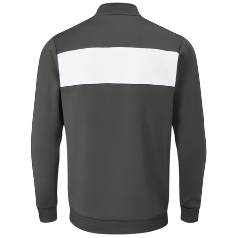 A dark gray sweatshirt features a prominent horizontal white stripe across the upper back with a simple collar and ribbed cuffs in a neutral indoor setting.