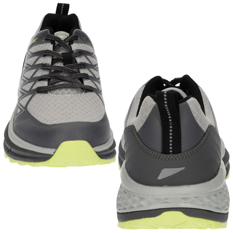 A pair of gray and black athletic shoes with a textured surface feature black laces and a bright yellow sole positioned against a white background showcasing their design for running or training activities.