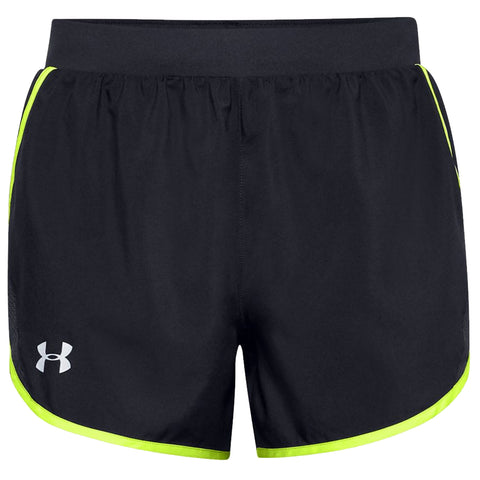 Black athletic shorts with a wide elastic waistband and bright green accents on the sides displayed against a plain background. The logo of a sports brand is visible on the front.