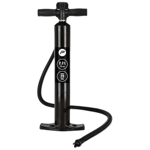 A black air pump stands upright with a T-shaped handle and a coiled hose attached to its base indicating a capacity of 2.2 liters and a maximum pressure of 29 PSI.