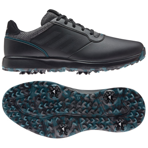 A black golf shoe with a textured upper features laces and a durable sole with spikes designed for traction on grass surfaces, displayed from multiple angles against a plain background.