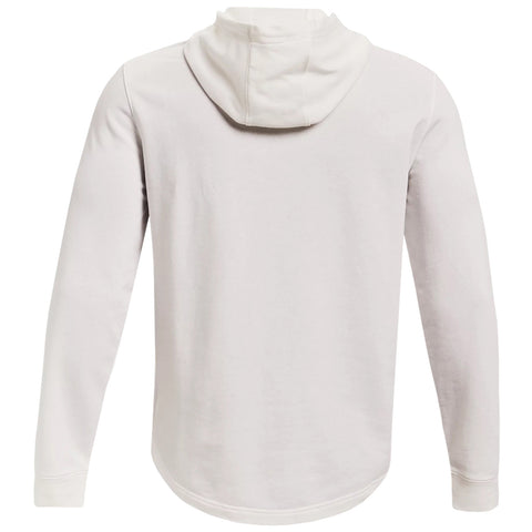 A white long-sleeve hoodie is displayed from the back, showcasing its simple design and curved hem, emphasizing a casual and comfortable style suitable for everyday wear.