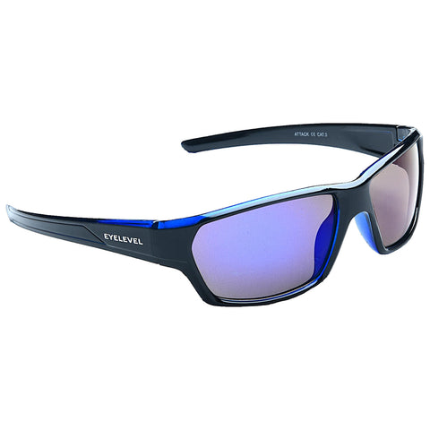 Sunglasses with black frames and gradient lenses are positioned on a white background showcasing a sporty design ideal for outdoor activities. The brand "EYELEVEL" is visible on the frame.