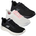 Skechers Ladies Go Walk Flex Alani Trainers 124952 Three pairs of Skechers walking shoes are displayed side by side featuring a black pair on the left a white pair with pink laces in the middle and another black pair on the right.