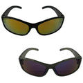 Two pairs of sunglasses are displayed one on top of the other. The top pair has brown lenses while the bottom pair has dark purple lenses. Both have a sleek black frame.