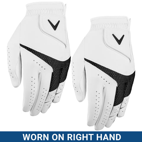 White golf gloves featuring black mesh panels are positioned side by side showing the palm side and are labeled WORN ON RIGHT HAND at the bottom against a plain background.