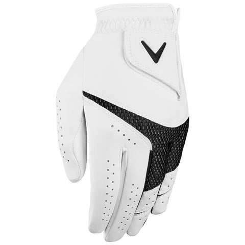 A golf glove is positioned upright displaying a white leather exterior and a black mesh palm area emphasizing its design for grip and comfort in outdoor sports activities.