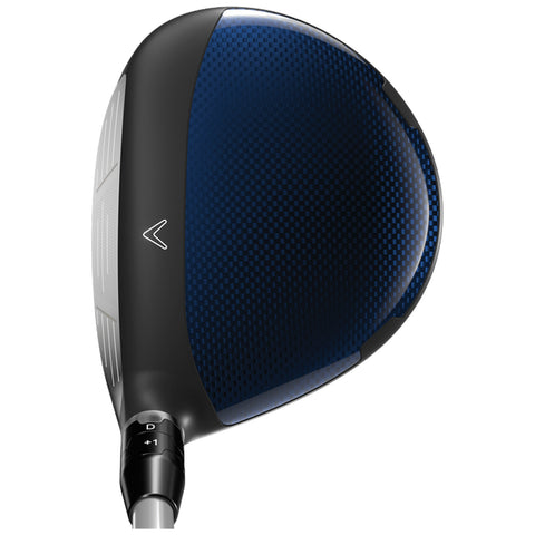 A golf club head with a large, sleek black and blue design rests on a flat surface featuring adjustment markers for different settings indicating customizability for performance in a sporting context