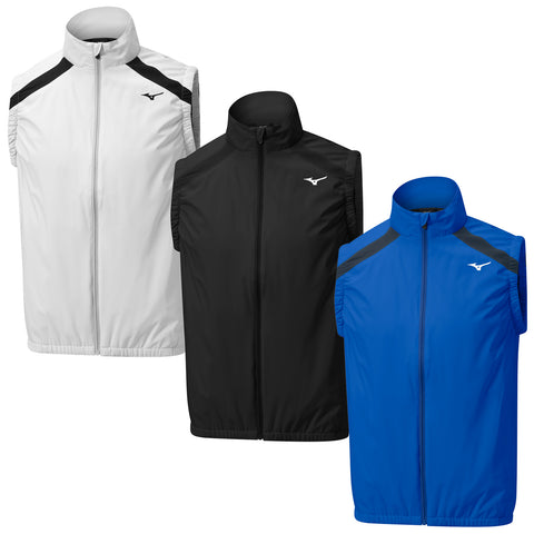 Three sleeveless jackets hang side by side showcasing distinct colors white black and blue each featuring a high collar and a front zipper with a logo on the chest