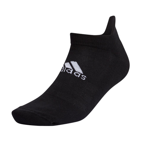 A black athletic sock is positioned upright showing a cushioned design with a low-cut silhouette and features the white Adidas logo on the side against a plain white background.