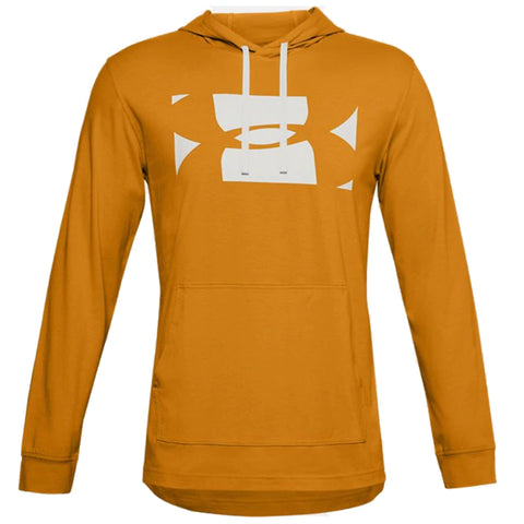 A vibrant orange long-sleeve hoodie features a large white logo on the front. It has a drawstring hood and a front pocket, suitable for casual or athletic wear.