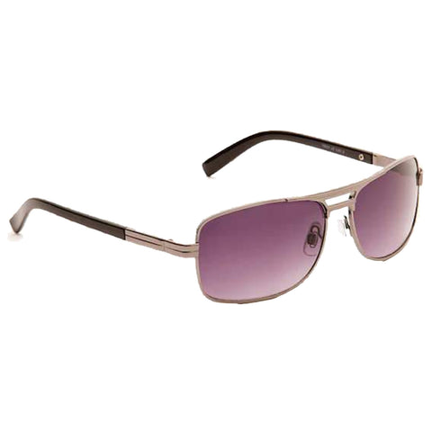 Sunglasses with a metallic frame and purple-tinted lenses rest sideways. They serve the purpose of vision protection, typically used outdoors in sunny conditions.