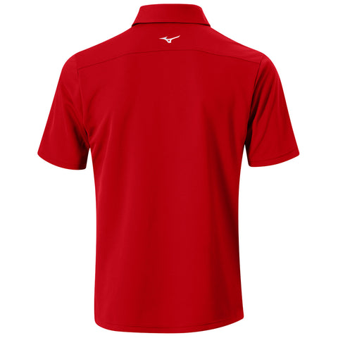 A red polo shirt is displayed upright showcasing its back view highlighting a collar and a small logo near the neckline suitable for casual or athletic wear.