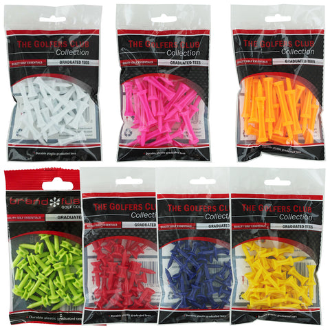 Colorful plastic golf tees are displayed in clear packaging with labels indicating their brand and type. The tees are arranged in packs of various colors including white pink orange green red blue and yellow.