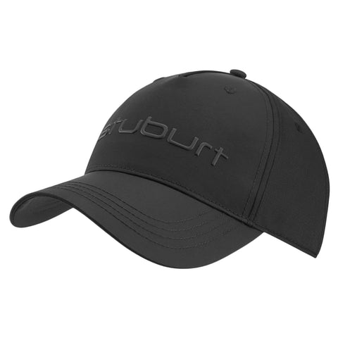 A black baseball cap rests with its curved brim facing forward featuring an embossed logo on the front and a smooth fabric texture suitable for casual wear or outdoor activities.