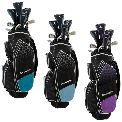 Ben Sayers Youth / Ladies M8 Cart Bag Full Package Set Three golf bags are prominently displayed side by side. Each bag holds multiple golf clubs, showcasing different color patterns. They are set against a neutral background, emphasizing their design and organization.