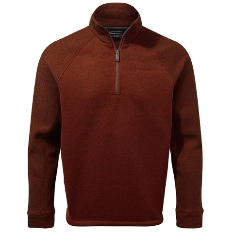 A brown fleece pullover with a quarter zip is displayed hanging. The fabric features a textured pattern and has a high collar, suitable for casual or outdoor wear.