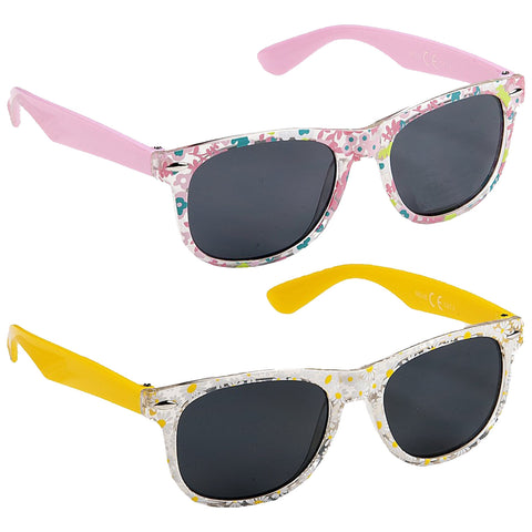 Eyelevel Junior Millie Sunglasses Colorful sunglasses are displayed with one pair featuring a floral design and pink arms and the other with a clear frame and yellow arms against a neutral background.